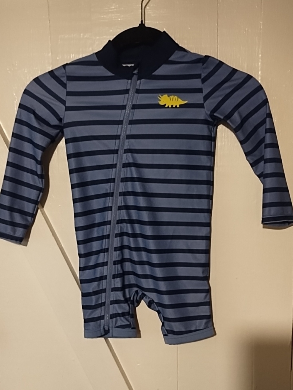 Carter's Blue Striped Long-Sleeve Rashguard with Yellow Dino Like New 2T.